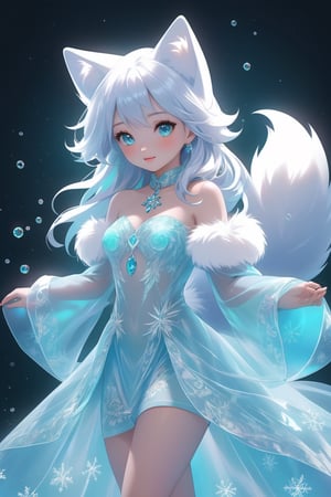 the fur beautiful, body, full body, hairyskin,fantasy, subsurface scattering, perfect anatomy,  glow, bloom, Bioluminescent liquid,china style,Movie Still, royal color, vibrant, volumetric light (masterpiece, top quality, best quality, official art, beautiful and aesthetic:1.2), (1girl),extreme detailed,(abstract, fractal art:1.3),colorful hair,highest detailed, detailed_eyes,snowflakes, ice crystals, light_particles,snow fox girl,babyface, perfect body, five fingers, perfect hands, anatomically perfect body, sexy posture,(aqua eyes),(white hair), long straight hair,(white fur off-shoulder ), barefeet, fox, dance Stance,dynamic angle,depth of field, hyper detailed, highly detailed, beautiful, small details, ultra detailed, best quality, 4k,(whole body),spirit fox Pendant,mythical clouds