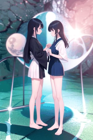 Divide the picture into two sides, a girl with long black hair and wearing a Japanese school uniform is on the left side of the picture, and another girl with long white hair and wearing a black kimono is on the right side of the picture (backlit), the two girls touch each other. The dividing line is when the sun and moon appear at the same time (day and night alternate) (one on the left and one on the right like the characters). Standing on the beach next to the ocean. (Overall darker) (The sun and moon are smaller than humans) Half of the screen has a mirror image of a mirage. Japanese animation style