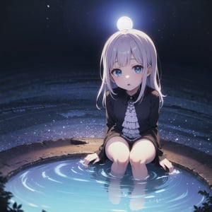 long hair, idol, big eyes, loli, forest, night, moonlight, lake, short hair,phgems