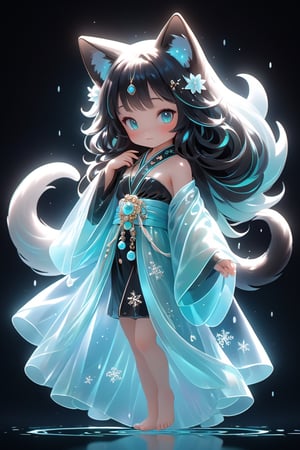 long hair, beautiful fur, body, full body, furry skin, fantasy, subsurface scattering, perfect anatomy, glow, bloom, bioluminescent liquid, chinese style, cinematic still,, (masterpiece, top quality, best quality , Official Art, Beauty and Aesthetics: 1.2), (1 Girl), Extremely Detailed, (Abstract, Fractal Art: 1.3), Colorful Hair, Most Detailed, Detailed Eyes, Snowflakes, Ice Crystals, Light Particles, Black Cat Girl , baby face, perfect body, five fingers, perfect hands, anatomically perfect body, sexy pose, (aqua eyes), (black hair), long straight hair, (black fur strapless kimono), barefoot, Cat, Dancing Pose, Dynamic Angle, Depth of Field, Super Detailed, Highly Detailed, Beautiful, Small Detail, Super Detailed, Best Quality, 4k, (Full Body), Civet Pendant, Mythical Cloud,Spirit Fox Pendant