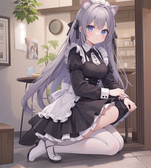 In the cafe, girl, cat ears, maid outfit, kneeling