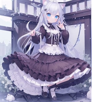 In the cafe, girl, cat ears, maid outfit, kneelingSuper Detailed, Best Quality, 4k (masterpiece, top quality, best quality , Official Art, Beauty and Aesthetics: 1.2) Most Detailed, Detailed Eyes(1girl),Perfect body, five fingers, perfect hands, anatomically perfect body,bmc