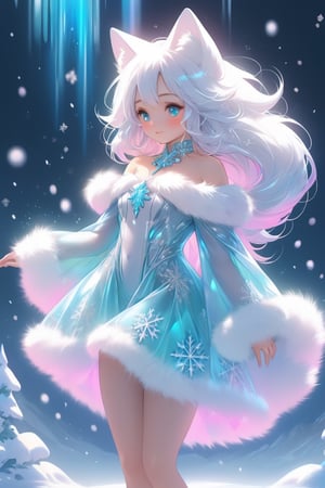 the fur beautiful, body, full body, hairyskin,fantasy, subsurface scattering, perfect anatomy,  glow, bloom, Bioluminescent liquid,china style,Movie Still, royal color, vibrant, volumetric light (masterpiece, top quality, best quality, official art, beautiful and aesthetic:1.2), (1girl),extreme detailed,(abstract, fractal art:1.3),colorful hair,highest detailed, detailed_eyes,snowflakes, ice crystals, light_particles,snow fox girl,babyface, perfect body, five fingers, perfect hands, anatomically perfect body, sexy posture,(aqua eyes),(white hair), long straight hair,(white fur off-shoulder ), barefeet, fox, dance Stance,dynamic angle,depth of field, hyper detailed, highly detailed, beautiful, small details, ultra detailed, best quality, 4k,(whole body),spirit fox Pendant,mythical clouds,Xxmix_Catecat,cat