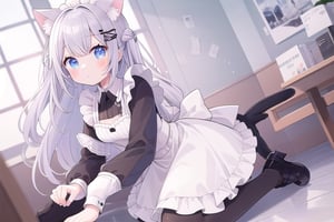 In the cafe, girl, cat ears, maid outfit, kneeling