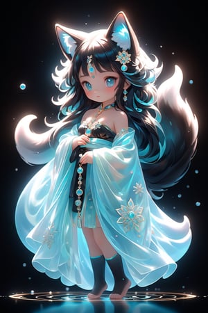 long hair, beautiful fur, body, full body, furry skin, fantasy, subsurface scattering, perfect anatomy, glow, bloom, bioluminescent liquid, chinese style, cinematic still,, (masterpiece, top quality, best quality , Official Art, Beauty and Aesthetics: 1.2), (1 Girl), Extremely Detailed, (Abstract, Fractal Art: 1.3), Colorful Hair, Most Detailed, Detailed Eyes, Snowflakes, Ice Crystals, Light Particles, Black Cat Girl , baby face, perfect body, five fingers, perfect hands, anatomically perfect body, sexy pose, (aqua eyes), (black hair), long straight hair, (black fur strapless kimono), barefoot, Cat, Dancing Pose, Dynamic Angle, Depth of Field, Super Detailed, Highly Detailed, Beautiful, Small Detail, Super Detailed, Best Quality, 4k, (Full Body), Civet Pendant, Mythical Cloud,Spirit Fox Pendant