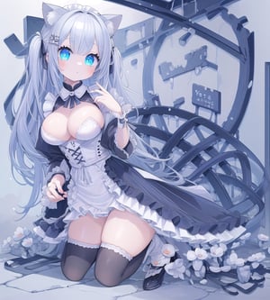 Cafe, girl, cat ears, maid outfit, kneeling Super Detailed, Best Quality, 4k (Masterpiece, Top Quality, Best Quality, Official Art, Beauty & Aesthetics: 1.2) Most Detailed, Detailed Eyes ((1 girl)), perfect body, five fingers, perfect hands, anatomically perfect body, big boobs