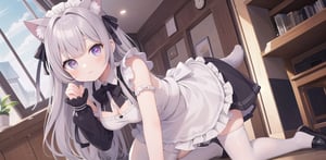 In the cafe, girl, cat ears, maid outfit, kneeling