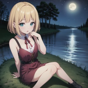 long hair, idol, big eyes, loli, forest, night, moonlight, lake, short hair,phgems