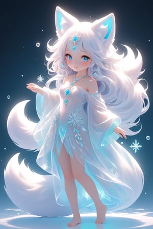 the fur beautiful, body, full body, hairyskin,fantasy, subsurface scattering, perfect anatomy,  glow, bloom, Bioluminescent liquid,china style,Movie Still, royal color, vibrant, volumetric light (masterpiece, top quality, best quality, official art, beautiful and aesthetic:1.2), (1girl),extreme detailed,(abstract, fractal art:1.3),colorful hair,highest detailed, detailed_eyes,snowflakes, ice crystals, light_particles,snow fox girl,babyface, perfect body, five fingers, perfect hands, anatomically perfect body, sexy posture,(aqua eyes),(white hair), long straight hair,(white fur off-shoulder ), barefeet, fox, dance Stance,dynamic angle,depth of field, hyper detailed, highly detailed, beautiful, small details, ultra detailed, best quality, 4k,(whole body),spirit fox Pendant,mythical clouds