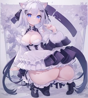 Cafe, girl, cat ears, maid outfit, kneeling Super Detailed, Best Quality, 4k (Masterpiece, Top Quality, Best Quality, Official Art, Beauty & Aesthetics: 1.2) Most Detailed, Detailed Eyes ((1 girl)), perfect body, five fingers, perfect hands, anatomically perfect body, big boobs