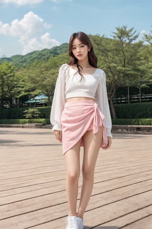 1girl, egirl, korean, wavy hair, white top, pink sarong skirt, up to knees, outdoor, cute pose, glossy lips, full body, realistic, wonyounglorashy