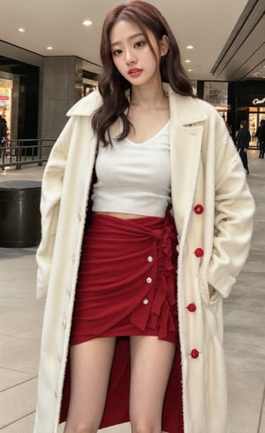 1girl, egirl, korean, wavy hair, white top, red woolean sarong skirt and coat, up to knees, outdoor, cute pose, mall, glossy lips, full body, realistic, wonyounglorashy