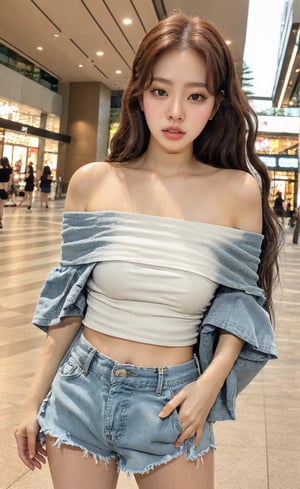 1girl, korean, wavy hair, off shoulder top and denim shorts, up to knees, outdoor, cute pose, mall, glossy lips, full body, realistic, wonyounglorashy