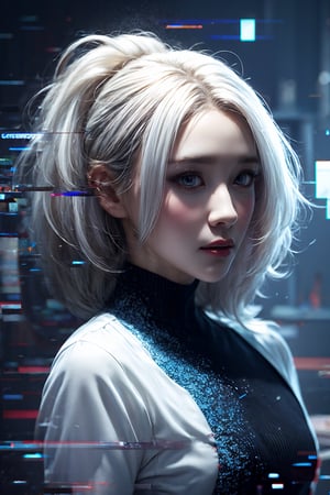 highly detailed, High Quality, Masterpiece, beautiful, Glitch, glitch, Solo, Girlfriend, Beautiful woman with white dress and white hair,Glitching