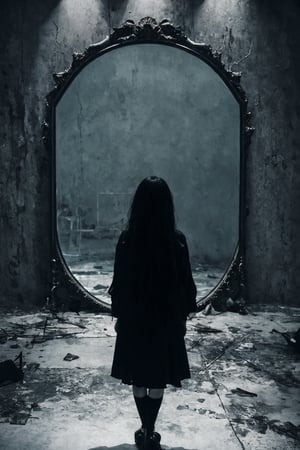 A haunting shot of a woman standing frozen in front of a cracked and worn mirror, her reflection staring back with an unsettling intensity. The film grain is pronounced, casting a cinematic haze over the scene. The ambiance is heavy with dread as the mirror's edge begins to warp and distort, like a portal to noxious and searing alien worlds. Her gaze remains fixed, yet somehow detached from her own identity. In this reconstructed realm, the boundaries between reality and horror blur, leaving only an eerie sense of toxicant contamination.