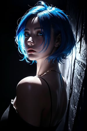 A teenage girl with vibrant blue hair stands out against a dark, mysterious backdrop. Dramatic lighting casts a warm glow on her features, accentuating her bold expression and striking a pose that exudes confidence and rebellion. The shadows around her create an eerie atmosphere, drawing the viewer's attention to her captivating presence.