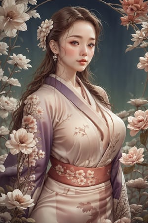 very beautiful girl wearing very detailed kimono, dojo,close up, outdoors,flower, sky, colorful flowers background,CrclWc,fishnetbodysuit