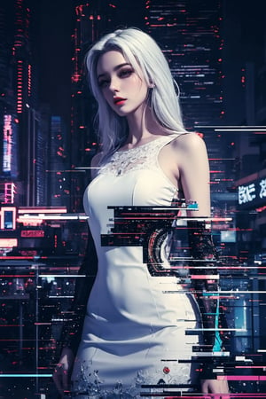 highly detailed, High Quality, Masterpiece, cyberpunk:1.3, beautiful, Glitch, glitch, Beautiful woman with white dress and white hair, Glitching
