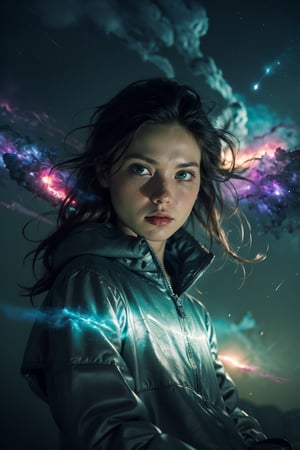 (closeup shot :1.4) of a beatutiful woman wearing a long coat on a open field, embers of memories, colorful, (photo-realisitc), nebula background, nebula theme,exposure blend, bokeh, (hdr:1.4), high contrast, (cinematic, teal and green:0.85), (muted colors, dim colors, soothing tones:1.3), low saturation,fate/stay background,yofukashi background,1,toitoistyle