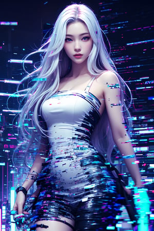 highly detailed, High Quality, Masterpiece, cyberpunk:1.3, beautiful, Glitch, glitch, Beautiful woman with white dress and white hair, Glitching