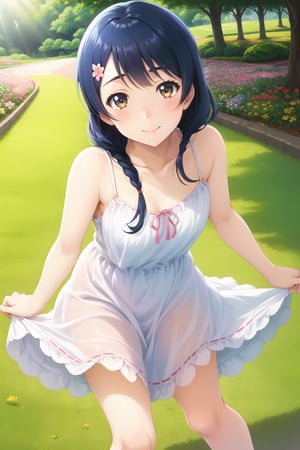 "Megumi Tadokoro posing with a playful expression, wearing a stylish sundress in a sunlit park, surrounded by blooming flowers."