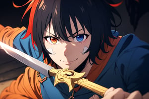 solo, looking at viewer, smile, bangs, blue eyes, black hair, 1boy, holding, closed mouth, weapon, male focus, red hair, multicolored hair, dagger sword, holding weapon, orange eyes, heterochromia, split theme, close up,4k , wallpaper 