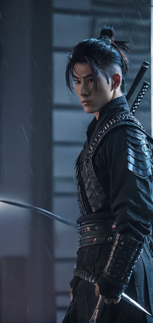 Create a last ninja man in age of technology, male futuristic, Ninja cyborg punk style, striking earrings, and a stunning appearance. Last battle, holding katana, background of futuristic tokyo, dark rainy day, highly detailed.,Movie Still,oni style,DonMPl4sm4T3chXL ,DonMCyb3rN3cr0XL ,DonMWr41thXL ,Film Still, 