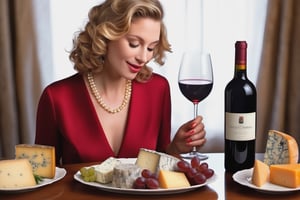 A sophisticated woman savoring a platter of gourmet cheeses, fine cold cuts, and a high-quality cup of wine, exuding elegance and refinement, extra realistic