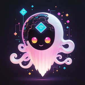 "Generate a mascot for tenten that embodies the essence of the Digital Muse as a Quantum Ghost. Imagine the Digital Muse, typically composed of pixelated elements, taking on an ethereal form as a Quantum Ghost. This ghostly character would be made of shimmering neon-colored light, while still maintaining its pixelated essence. The design should reflect the mischievous and playful expression of the Digital Muse and use a digital color palette inspired by Lexar Studio. The mascot should convey a sense of whimsy and vibrancy to express the Tensor creative community. Additionally, this mascot should be able to bring good luck and happiness to the world, inspire many, and become a standout icon within the digital art world, symbolizing both creative inspiration and the otherworldly capabilities of tensor.art's image creation."