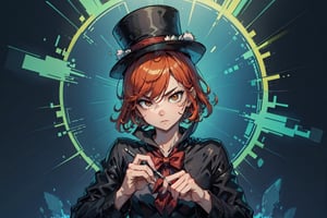 "Craft an Oriental Zen-style artwork featuring the Digital Cyborg man Writer in a state of serene concentration. The fiery hair reflects their inner emotions, and the top hat produces sparks as they write with unparalleled precision, symbolizing the harmony of technology and nature.",
