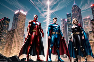 A photograph featuring a team of Marvel superheroes standing together, ready for action. The image should showcase the superheroes in their iconic costumes, displaying their unique powers and personalities. The superheroes can be arranged in a dynamic and visually appealing composition, with each character positioned to highlight their individual strengths. The background can be a cityscape or a dramatic environment that reflects the superhero team's mission. The lighting should be dramatic, emphasizing the heroic nature of the characters. The resolution should be high, capturing the details of the costumes and the expressions on the superheroes' faces.