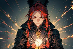 "Craft an Oriental Zen-style artwork featuring the Ninja Cyborg man Writer in a state of serene concentration. The fiery hair reflects their inner emotions, and the top hat produces sparks as they write with unparalleled precision, symbolizing the harmony of technology and nature.",
