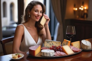 A beautiful woman savoring a platter of gourmet cheeses, fine cold cuts, and a high-quality cup of wine, exuding elegance and refinement, extra realistic