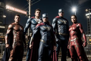 A photograph featuring a team of Marvel superheroes standing together, ready for action. The image should showcase the superheroes in their iconic costumes, displaying their unique powers and personalities. The superheroes can be arranged in a dynamic and visually appealing composition, with each character positioned to highlight their individual strengths. The background can be a cityscape or a dramatic environment that reflects the superhero team's mission. The lighting should be dramatic, emphasizing the heroic nature of the characters. The resolution should be high, capturing the details of the costumes and the expressions on the superheroes' faces.