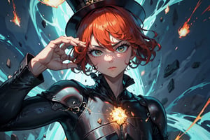 "Craft an Oriental Zen-style artwork featuring the Digital Cyborg man Writer in a state of serene concentration. The fiery hair reflects their inner emotions, and the top hat produces sparks as they write with unparalleled precision, symbolizing the harmony of technology and nature.",