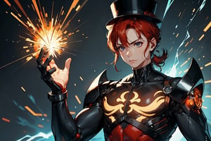 "Ninja Cyborg man Writer in a state of serene concentration. The fiery hair reflects their inner emotions, and the top hat produces sparks as they write with unparalleled precision, symbolizing the harmony of technology and nature.",