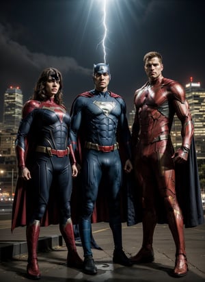 A photograph featuring a team of Marvel superheroes standing together, ready for action. The image should showcase the superheroes in their iconic costumes, displaying their unique powers and personalities. The superheroes can be arranged in a dynamic and visually appealing composition, with each character positioned to highlight their individual strengths. The background can be a cityscape or a dramatic environment that reflects the superhero team's mission. The lighting should be dramatic, emphasizing the heroic nature of the characters. The resolution should be high, capturing the details of the costumes and the expressions on the superheroes' faces.
