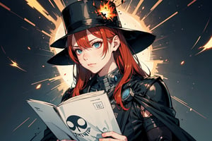 "Ninja Cyborg man Writer in a state of serene concentration. The fiery hair reflects their inner emotions, and the top hat produces sparks as they write with unparalleled precision, symbolizing the harmony of technology and nature.",