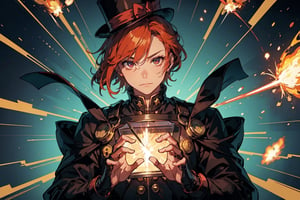 "Ninja Cyborg man Writer in a state of serene concentration. The fiery hair reflects their inner emotions, and the top hat produces sparks as they write with unparalleled precision, symbolizing the harmony of technology and nature.",