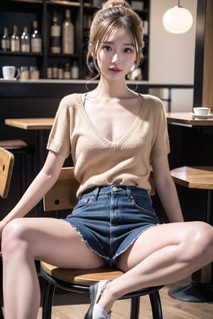 ((natta、Realistic light、top-quality、8K、​masterpiece:1.3)),1girl in,Slim Beauty:1.2
,abdominals:1.1,(Blond straight haired,flat chest,:1.5),(open-chest sweater: 1.3)(tight skirts:1.3),beauty legs,Super fine face,A detailed eye,cheerful,seductive smile,mikana_yamamoto,looking at viewer,Distorted ponytail,denim tight skirt,cafe,chair,knee up,open legs,angry face