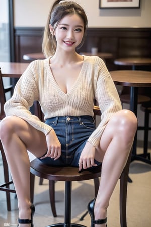 ((natta、Realistic light、top-quality、8K、​masterpiece:1.3)),1girl in,Slim Beauty:1.2
,abdominals:1.1,(Blond straight haired,flat chest,:1.5),(open-chest sweater: 1.3)(tight skirts:1.3),beauty legs,Super fine face,A detailed eye,cheerful,seductive smile,mikana_yamamoto,looking at viewer,Distorted ponytail,denim tight skirt,cafe,chair,knee up,open legs,grin,Dimple