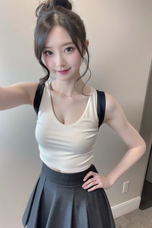 ((natta、Realistic light、top-quality、8K、​masterpiece:1.3)),1girl in,Slim Beauty:1.2
,abdominals:1.1,(Blond straight haired,flat chest,:1.1),(White tight t-shirt: 1.3)(tight skirts:1.3),beauty legs,Super fine face,A detailed eye,cheerful,seductive smile,mikana_yamamoto,black cleavage,from above,looking at viewer,Distorted ponytail,paw pose