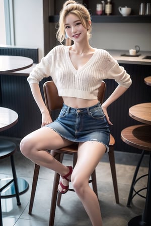 ((natta、Realistic light、top-quality、8K、​masterpiece:1.3)),1girl in,Slim Beauty:1.2
,abdominals:1.1,(Blond straight haired,flat chest,:1.5),(open-chest sweater: 1.3)(tight skirts:1.3),beauty legs,Super fine face,A detailed eye,cheerful,seductive smile,mikana_yamamoto,looking at viewer,Distorted ponytail,denim tight skirt,cafe,chair,knee up,open legs,grin,Dimple