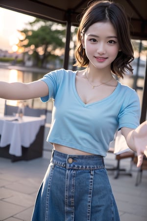 ((natta、Realistic light、top-quality、8K、​masterpiece:1.3)),1girl in,Slim Beauty:1.3
,abdominals:1.1,(brown haired,flat chest,:1.3),(white tight t-shirt: 1.3)(tight skirts:1.3),beauty legs,Super fine face,A detailed eye,cheerful,seductive smile,cleavage,denim tight skirt,dynamic pose,embarrassed face,city,sunset shines,wind,disheveled hair,floating hair,outstretched hand,outstretched arms,