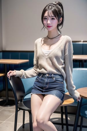 ((natta、Realistic light、top-quality、8K、​masterpiece:1.3)),1girl in,Slim Beauty:1.2
,abdominals:1.1,(Blond straight haired,flat chest,:1.5),(open-chest sweater: 1.3)(tight skirts:1.3),beauty legs,Super fine face,A detailed eye,cheerful,seductive smile,mikana_yamamoto,looking at viewer,Distorted ponytail,denim tight skirt,cafe,chair,knee up,from below