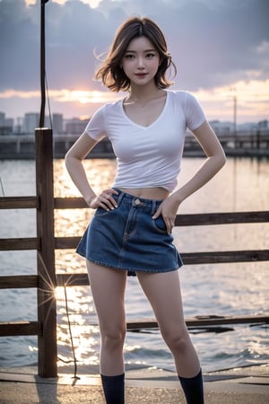 ((natta、Realistic light、top-quality、8K、​masterpiece:1.3)),1girl in,Slim Beauty:1.3
,abdominals:1.1,(brown haired,flat chest,:1.3),(white tight t-shirt: 1.3)(tight skirts:1.3),beauty legs,Super fine face,A detailed eye,cheerful,seductive smile,cleavage,denim tight skirt,dynamic pose,city,sunset shines,wind,disheveled hair,floating hair,bent over,hands on hips,short hair