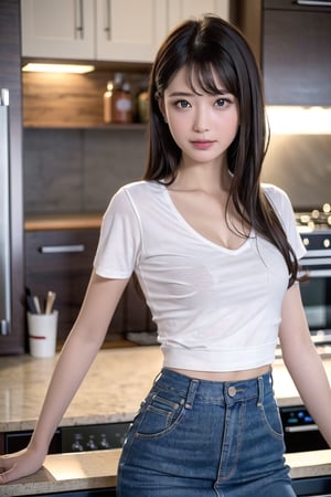 ((natta、Realistic light、top-quality、8K、​masterpiece:1.3)),1girl in,Slim Beauty:1.3
,abdominals:1.1,(brown haired,flat chest,:1.3),(white tight t-shirt: 1.3)(tight skirts:1.3),beauty legs,Super fine face,A detailed eye,cheerful,seductive smile,cleavage,denim tight skirt,counter kitchen,embarrassed face,have a glass,