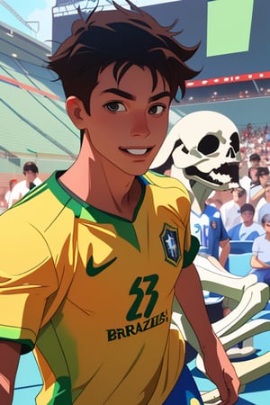 man with brazil shirt in soccer stadium taking photo of bone