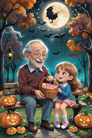 1 cute little girl gives a basket of candies and cookies to her old grandpa, sitting on a bench in the park on a happy halloween day, talking and laughing happily, at night, highly detailed, masterpiece, sharp-focus,