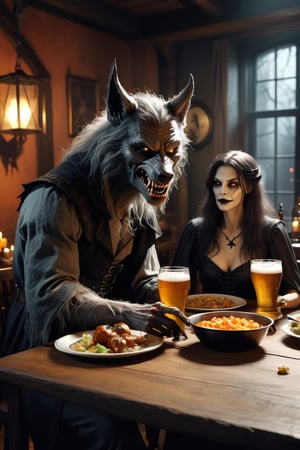 1 werewolf, 1 beautiful witch, dining together in a restaurant, beer on the table, halloween image, cinematic, high definition, highly detailed, masterpiece